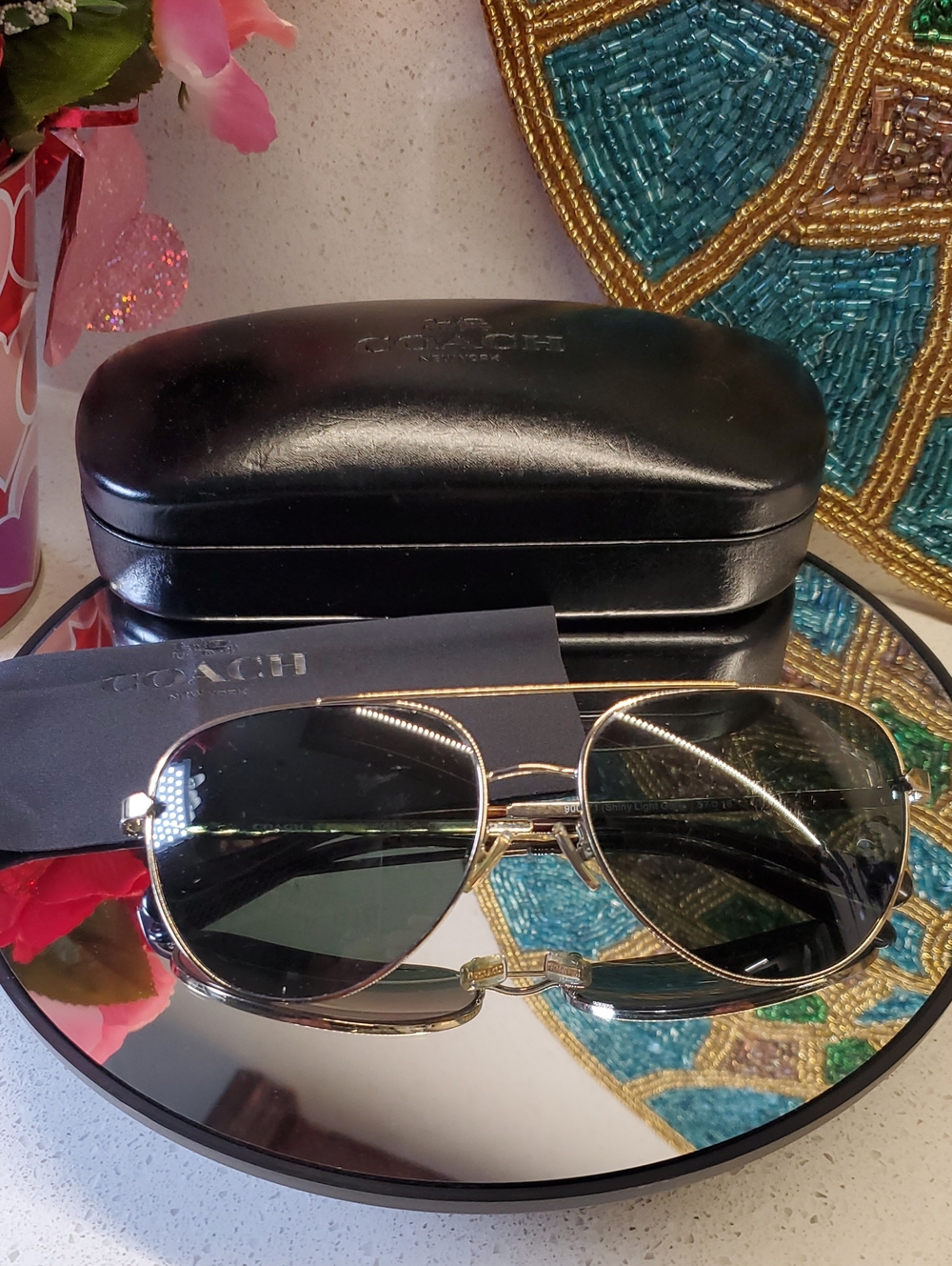 Unisex COACH Aviator Gold Frame Sunglasses with Dark Gray Lenses